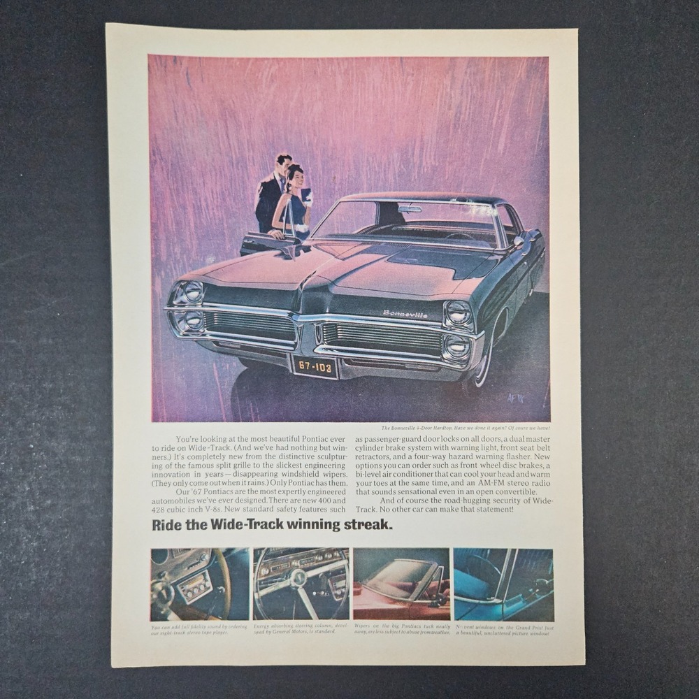 1966 '67 Pontiac Bonneville 4-Door Hardtop Vintage Print Ad Wide-Track‎ Artwork
